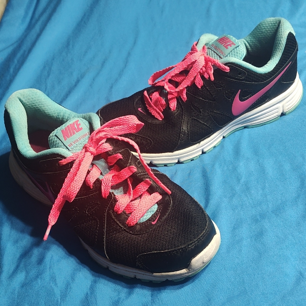 Nike Black and Pink Athletic Shoes Revolution 2